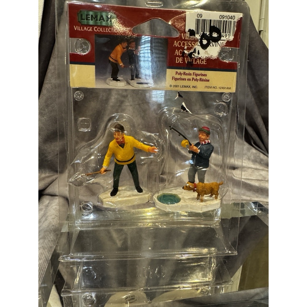 LEMAX Village Collection Men  Fishing Dog ‎ 2 PC Figurine 2001-Vintage NEW